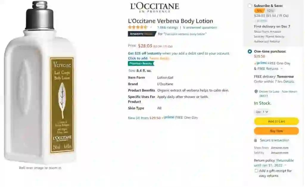 L’Occitane charges for slow shipping, making their listing more expensive and less appealing than the same listing on Amazon and Walmart.