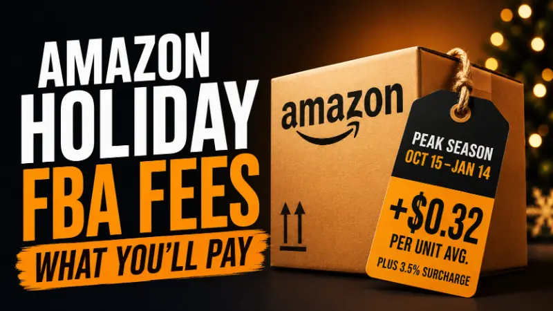 Amazon FBA holiday fulfillment fees shown on a shipping box and surcharge price tag.