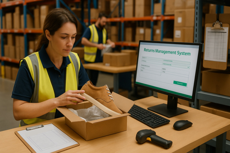 Ecommerce warehouse quality control station where returned items are inspected for defects before restocking.