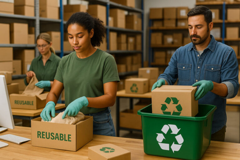 Ecommerce warehouse workers using biodegradable packaging and preparing returned items for resale or recycling, reflecting sustainability efforts in returns management