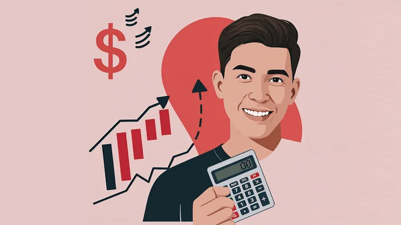 Young man using calculator with business icons and abstract shapes in pink and red background, illustrating ecommerce financial planning