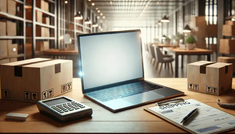 Laptop at an ecommerce shipping station running ecommerce shipping software