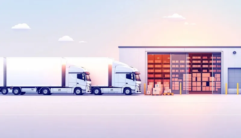 An overview of a cross-docking operation showing inbound trucks and a receiving dock.