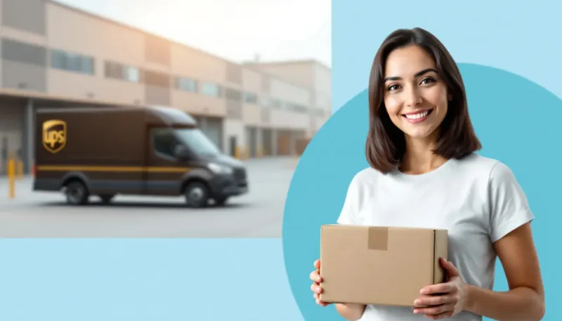 Smiling woman holding a return package with a UPS delivery truck in the background, illustrating an ecommerce return process
