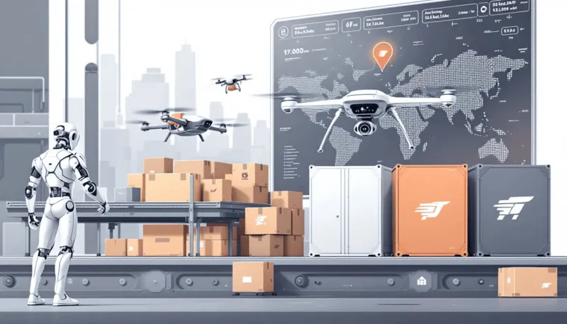 Futuristic biped robot using modern ecommerce fulfillment software to process orders and hand off to drones for delivery