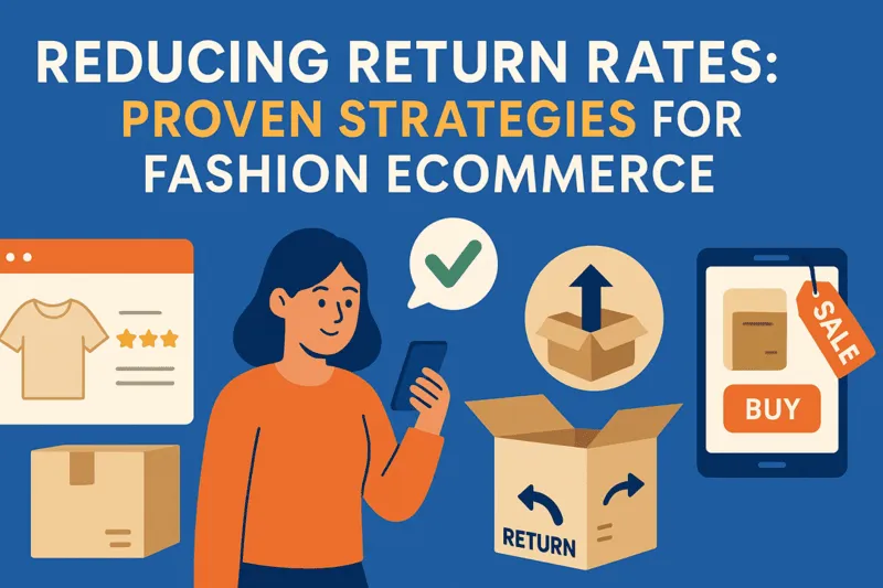 An illustration of an online shopper using a smartphone, with ecommerce elements like return boxes and product ratings, demonstrating strategies to reduce return rates in fashion ecommerce.