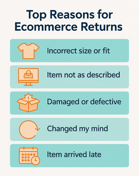 A graphic depicting common reasons for ecommerce returns, including product not as described and poor quality.