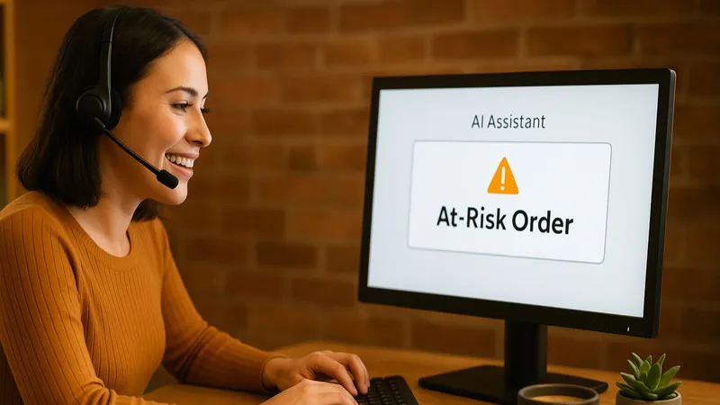 Customer support specialist looking at a monitor displaying an on-screen AI alert for an at-risk order enabling proactive resolution to prevent a future return.