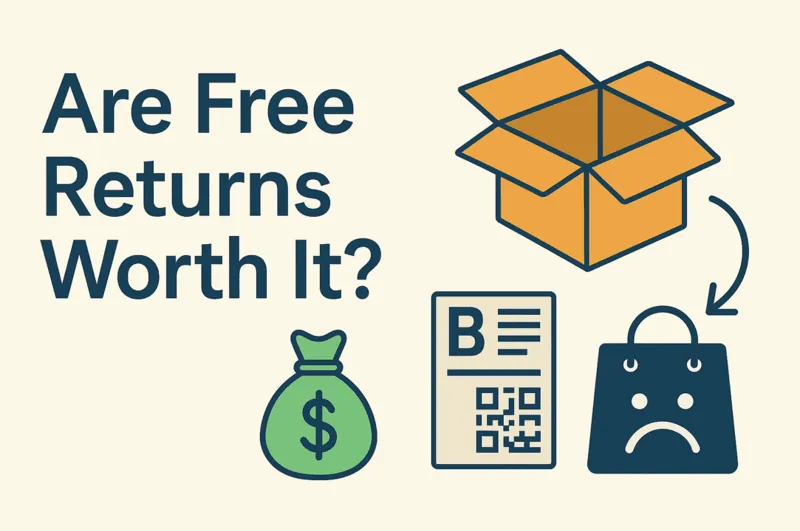 Flat design graphic asking are free returns worth it, with icons representing shipping costs, refunds, and buyer dissatisfaction in online shopping.