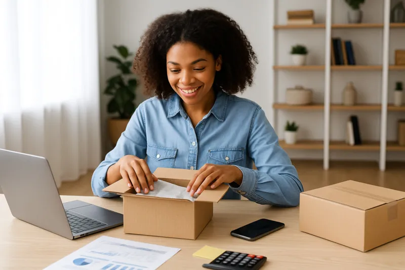 A young woman handling product returns in an ecommerce warehouse, showcasing the efficient returns management process that enhances customer satisfaction