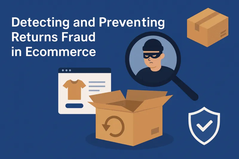 Returns fraud in ecommerce: a magnifying glass revealing a burglar in an open cardboard box, with ecommerce elements like a webpage and shipping packages