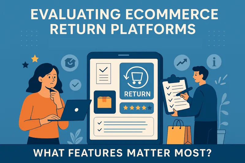 Visual representation of evaluating ecommerce return platforms, emphasizing automation, customizable policies, and real-time tracking for streamlined returns management.