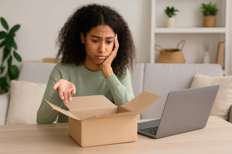 A woman exasperated that her shipment is wrong and now needs to return it