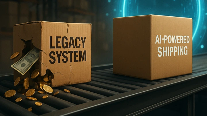 Cardboard box labeled ‘Legacy System’ leaking coins and bills next to a sealed ‘AI-Powered Shipping’ box on a conveyor belt
