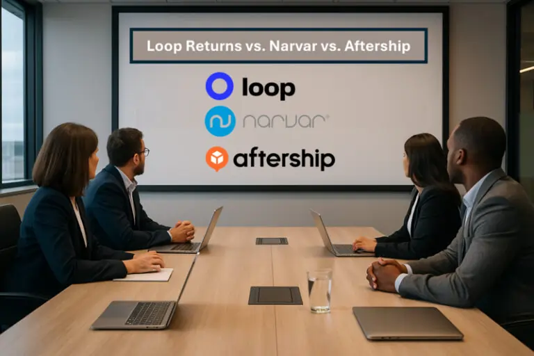 Boardroom meeting with Loop, Navar, AfterShip discussed on screen.