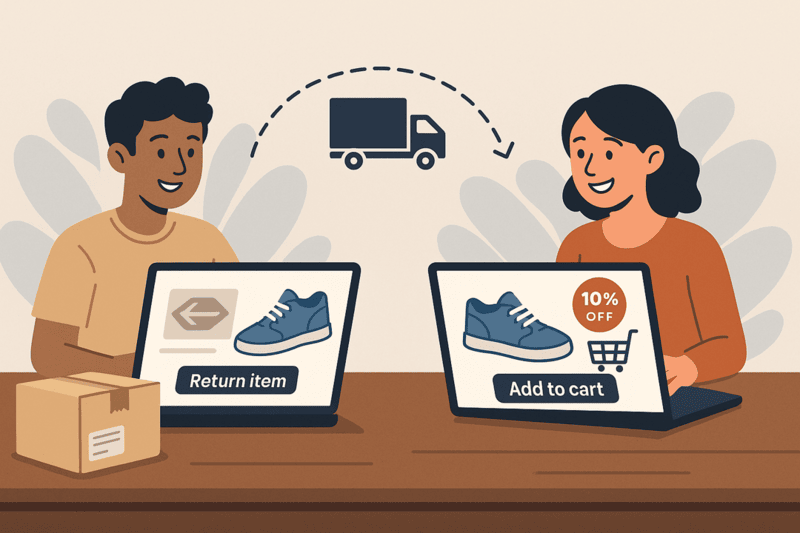 A customer initiating an ecommerce return, and a new customer adding the identical item to their shopping cart and getting 10% off.