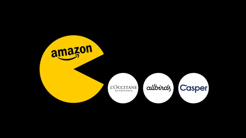 Illustration of Amazon.com depicted as Pac-Man chasing Direct-to-Consumer (DTC) brand icons, symbolizing market dominance