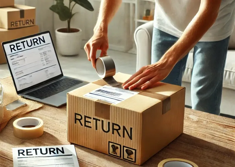 Image of a person securing a box with tape for an ecommerce return