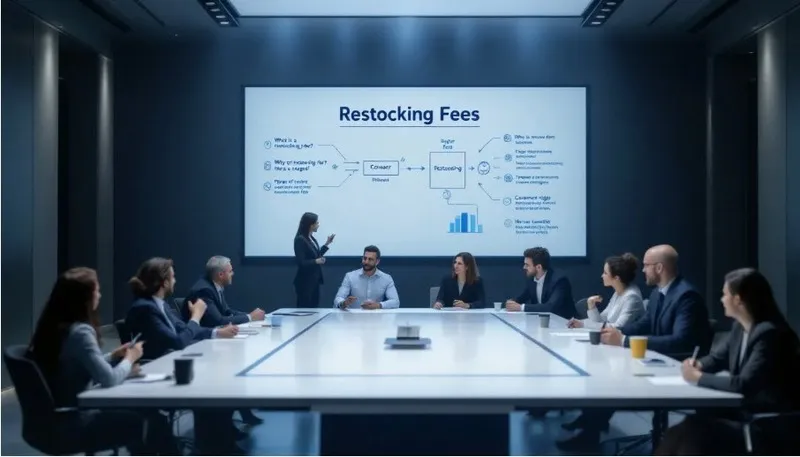 Image of retail executives in a meeting discussing restocking fees, with the words 'restocking fees' displayed on screen