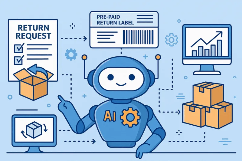 Illustration showcasing how AI and automation optimize the returns process in ecommerce, improving efficiency and profit margins.