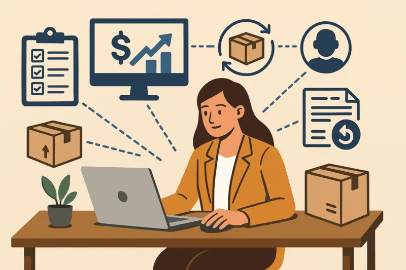 Illustration showing AI-powered returns management software improving ecommerce efficiency by automating returns processing and optimizing inventory management.