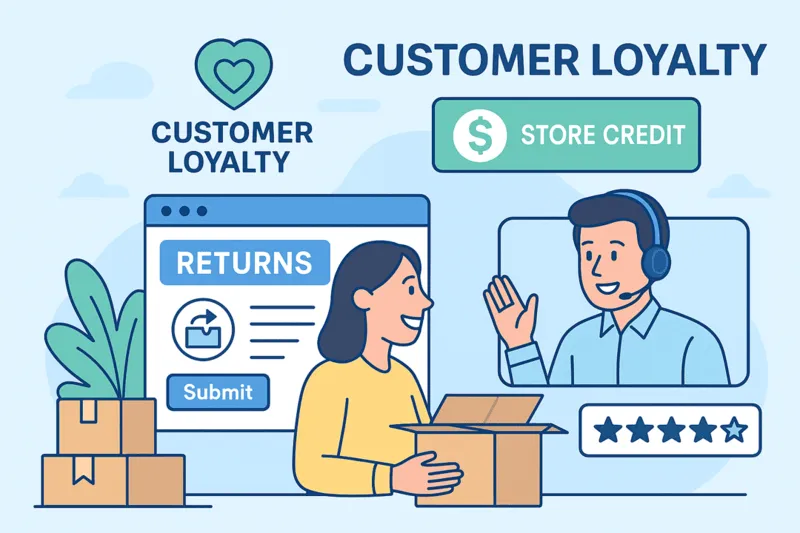 Illustration of a customer interacting with customer service during a return, with elements like store credit and a returns portal, symbolizing how returns processes can build customer loyalty