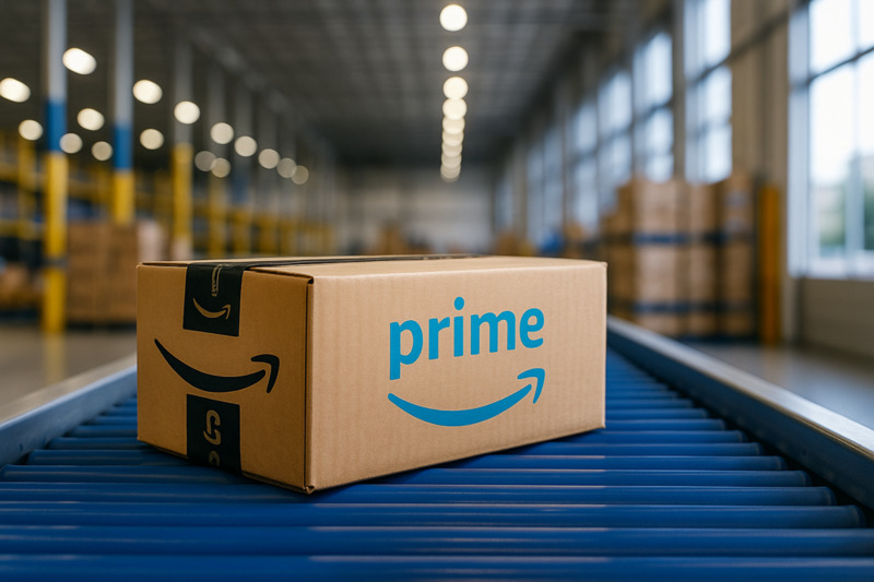 An Amazon Seller Fulfilled Prime shipping box on a conveyor belt getting ready to ship in compliance with the new performance requirements.