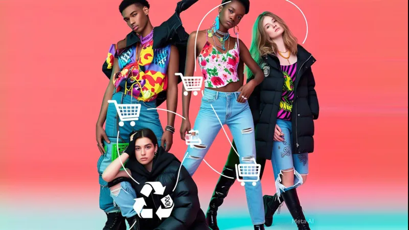 Vibrant digital collage featuring Gen Z and Millennial fashion trends in sustainable resale and circular fashion ecosystem