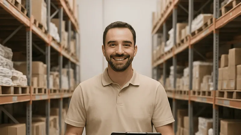 Warehouse manager giving a tour of a clean, bright, and uncluttered fulfilment center to a prospective client