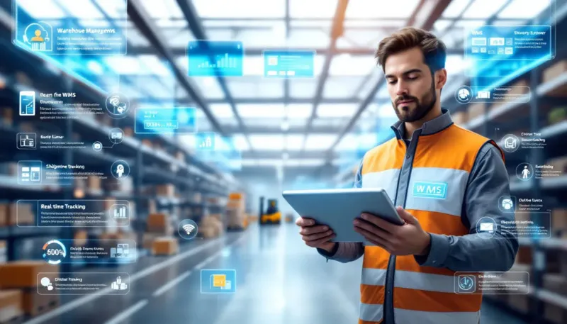 Warehouse worker using key WMS features of warehouse management system software on a mobile device for advanced intelligent fulfillment operations