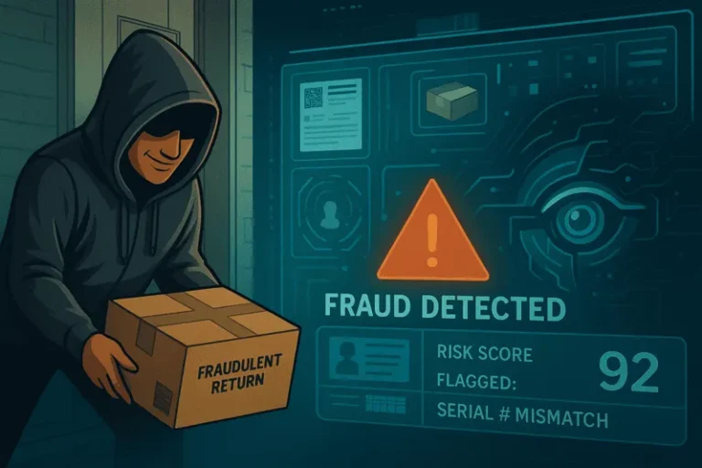 AI system detecting fraudulent ecommerce return with risk score alert as customer attempts empty box scam.