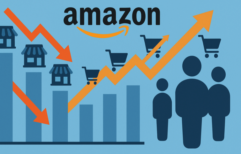 Digital illustration depicting Amazon’s shrinking seller count with red downward arrows on storefront bars and an orange upward arrow over shopping cart icons, alongside human figures symbolizing growing buyer interest.