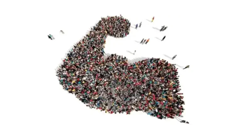 A group of people organized into the shape of a flexing bicep signifying the Power of Many tagline of the Cahoot peer-to-peer fulfillment services solution.