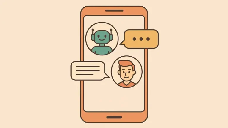 Illustration of a chatbot and human communicating on a smartphone, highlighting digital customer interactions in ecommerce.