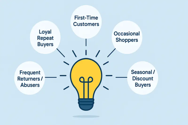 Customer segments labeled around a lightbulb to highlight tailored ecommerce return policies and customer loyalty benefits.
