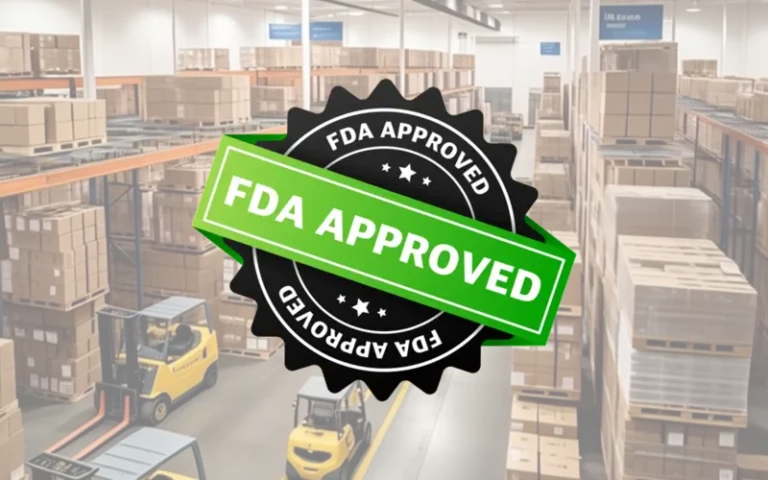 Food and Drug Administration approval logo superimposed over a widescreen image of a warehouse interior.