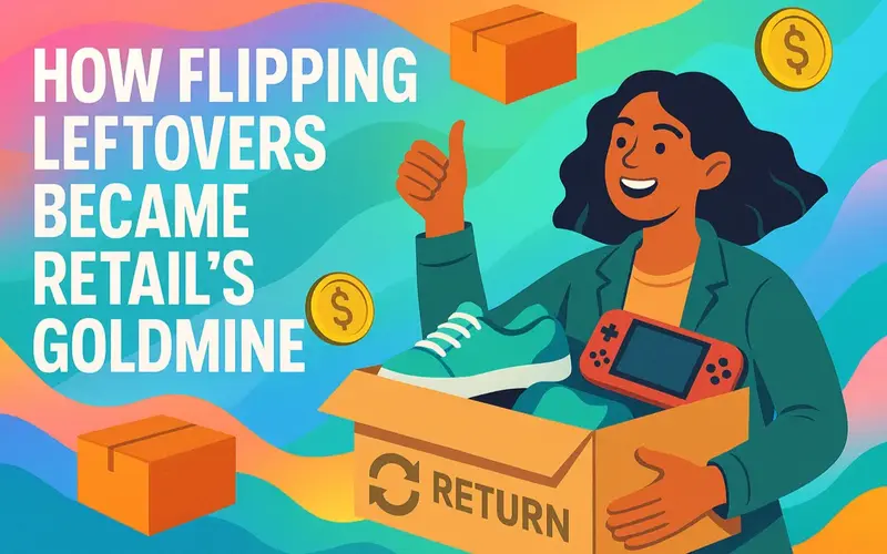 A colorful digital illustration of a young woman holding a box of returned items with floating dollar coins, symbolizing the resale economy in 2025.