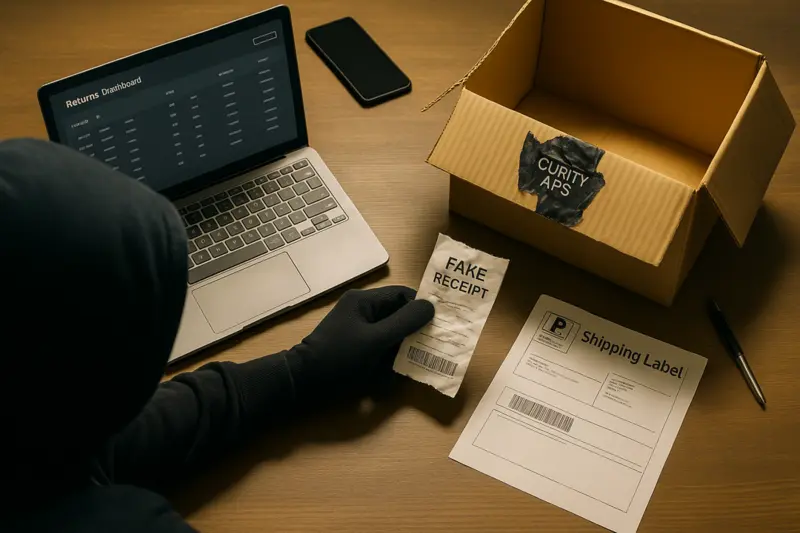 Hooded individual in black gloves holding a counterfeit receipt next to a shipping label, open box, and laptop displaying return requests, symbolizing refund fraud.