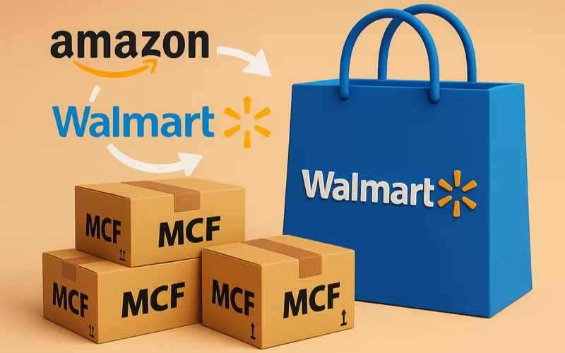 3D illustration showing Amazon MCF boxes and a large blue Walmart shopping bag, symbolizing their cooperative ecommerce logistics.