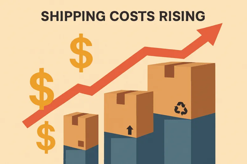 Illustration of rising ecommerce shipping costs with stacked cardboard boxes, dollar signs, and upward arrow to represent 2025 UPS and FedEx surcharges.
