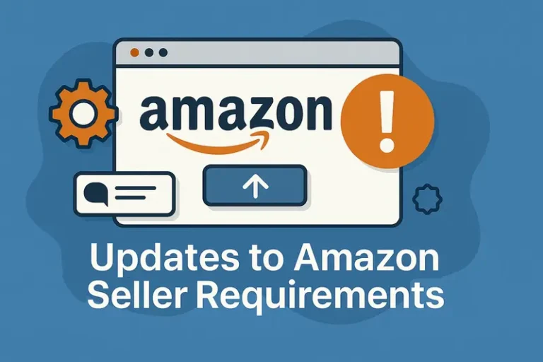 Illustration showing a browser window with the Amazon logo, exclamation mark and gear icons, and the text “Updates to Amazon Seller Requirements.