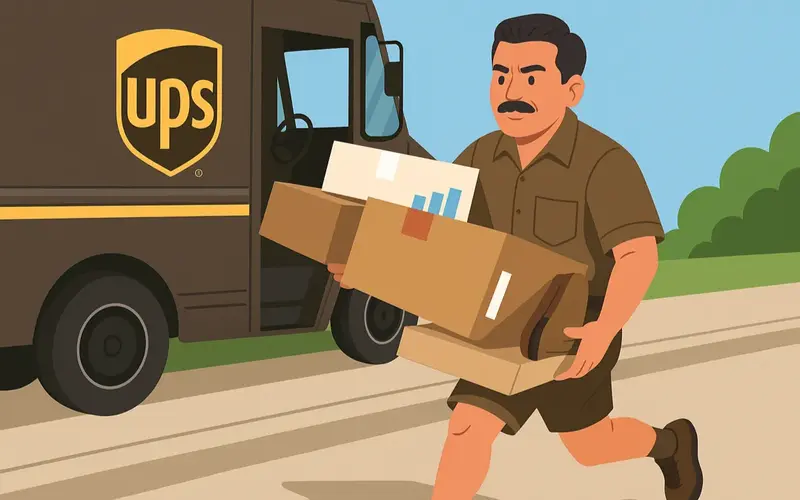 Vector image of a determined UPS driver walking swiftly with multiple boxes, wearing a brown uniform and mustache, UPS logo in background.