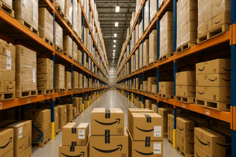 Wide-angle shot of an Amazon warehouse with high racks filled with bulk inventory for AWD storage.