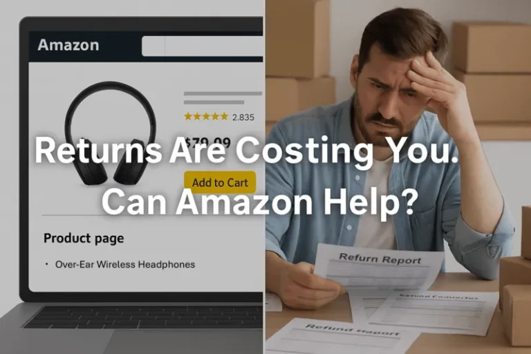 Split screen image showing a 5-star Amazon product page on one side and a frustrated seller surrounded by returned packages and refund reports