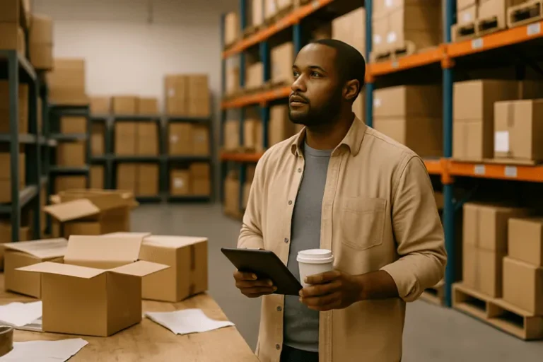 A paused ecommerce shipping station with open boxes, shelves, and a founder planning logistics, representing a deliberate break from Amazon-level speed.