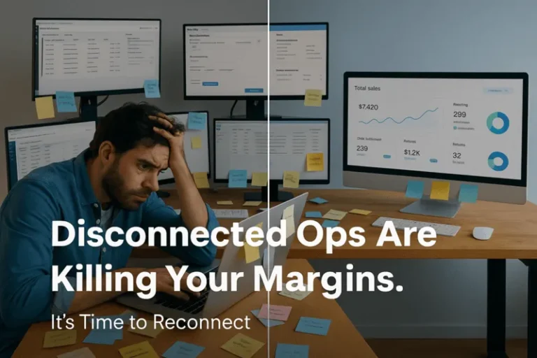 Fragmented ecommerce operation with sticky notes and five separate dashboards highlighting inefficiency and workflow silos.