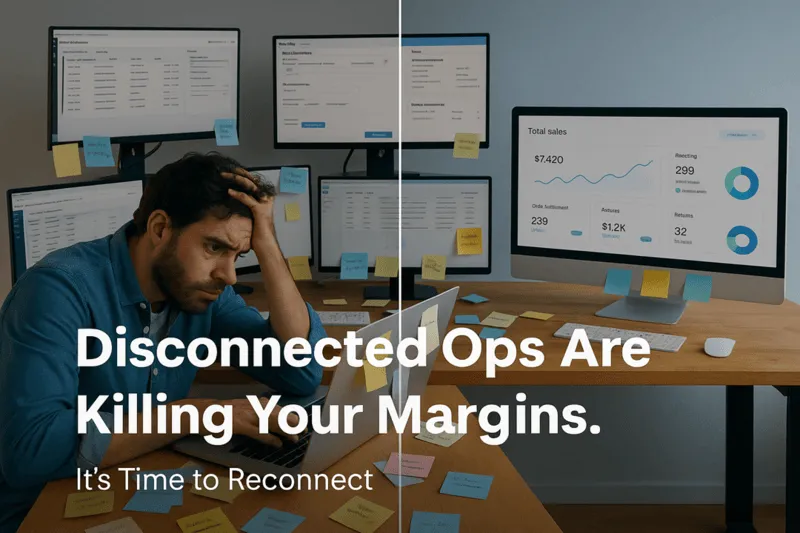 Fragmented ecommerce operation with sticky notes and five separate dashboards highlighting inefficiency and workflow silos.