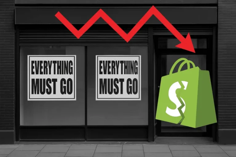 Abandoned storefront with liquidation signage and a broken Shopify logo overlay, representing the sharp rise in Shopify store closures and DTC brand failures in 2025.