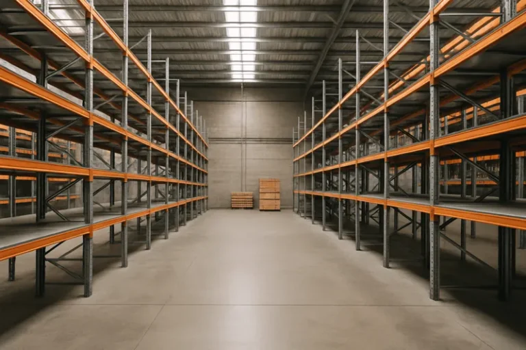 Vacant warehouse interior showing empty shelving units and minimal inventory, symbolizing 2025 warehouse overcapacity