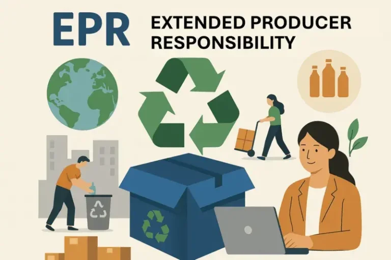 Digital illustration of Extended Producer Responsibility featuring recycling, packaging waste, and peer-to-peer ecommerce logistics with sustainability icons.